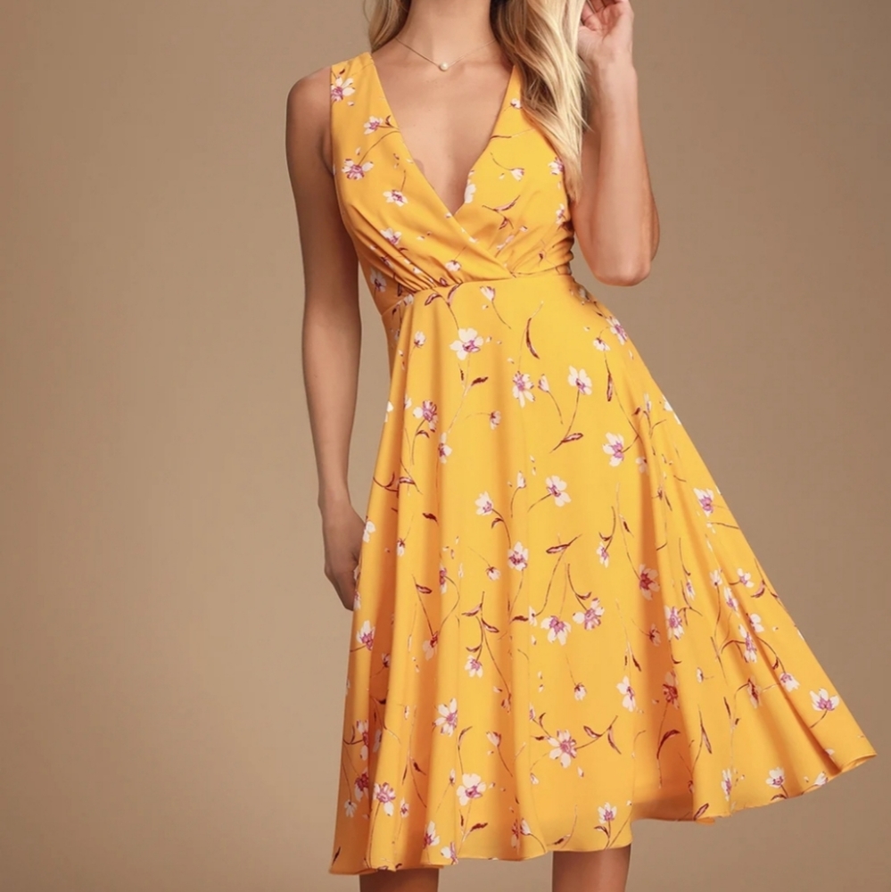 Golden Yellow Floral Print Surplice Midi Dr